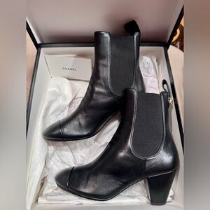 CHANEL Black Ankle Boots with Gold Interlocking CC